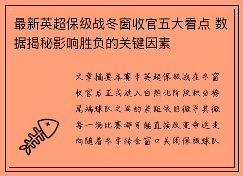 最新英超保级战冬窗收官五大看点 数据揭秘影响胜负的关键因素